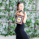 Chocolate Custard Flower Crochet Granny Square Bag